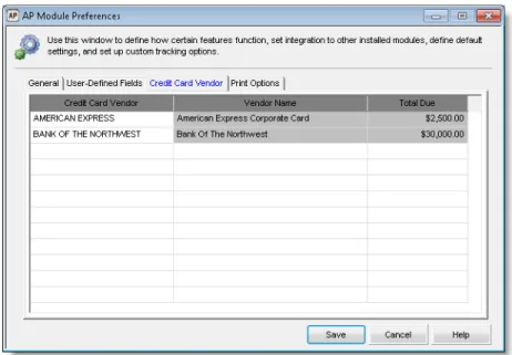 Figure 7: AP Module Preferences window, Credit Card Vendor tab