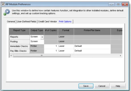 Figure 8: AP Module Preferences window, Print Options tab