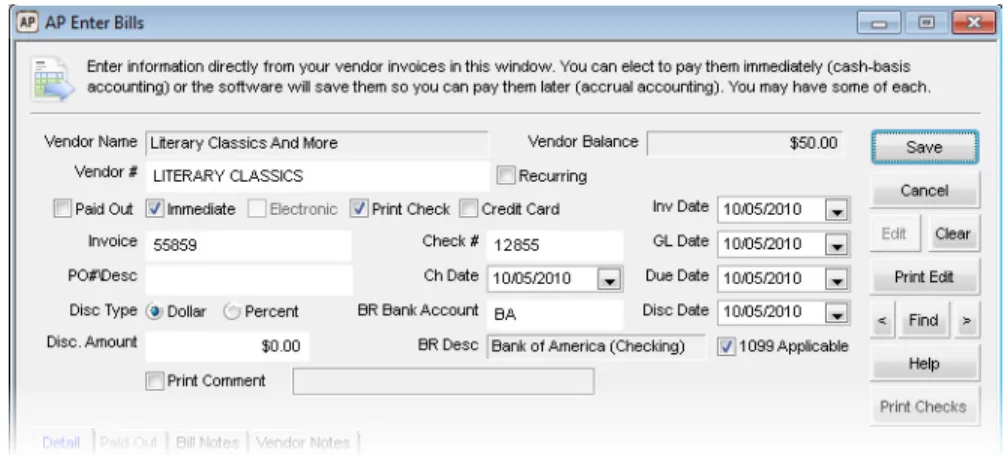 Figure 30: AP Enter Bills window, Paid Out or Immediate check boxes
