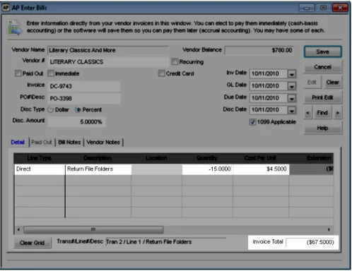 Figure 40: AP Enter Bills window, return transaction