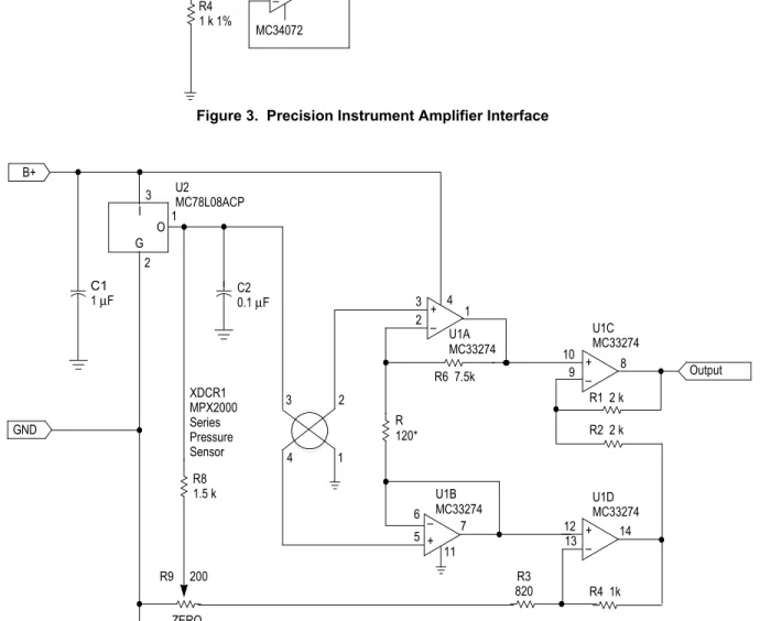 Figure 4.  Sensor Specific Interface CircuitB+C11 µFU112348765NCVINVTGNDNCNCOUTTRIMMC1404C20.1 µF3421XDCR1MPX2000 SeriesPressureSensor–+R319.1 k 1%R41 k 1%567U2BMC34072 10 k 1%R2 R1 6.04 k 1%0.01 C3µF–+ Output8 U2A1MC340724312LTC1100CN8–6+3U1547B+GND