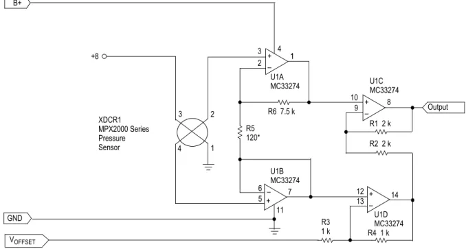 Figure 5.  Simplified Sensor Specific Interface Gain is approximately (R6/R5)(R1/R2 + 1), which is 125 for 