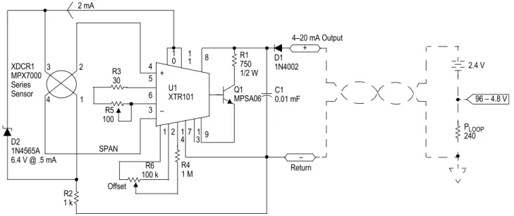 Figure 9.  4-20 mA Pressure Transducer Bias for the sensor is provided by two 1 mA current sources 