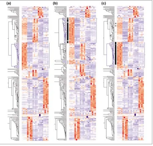 Figure 8Gene clustering. after a particular resampling. Although the original ‘blue’ genes are scattered to various places, we can still determine wherethe original cluster is, using the criteria described in the text