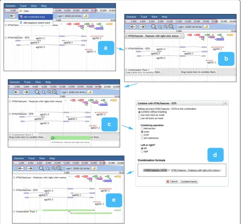 Fig. 4 JBrowse “combination track” workflow. Combination tracks are created via the Track menu (a), presenting an empty track as a drop target(b)