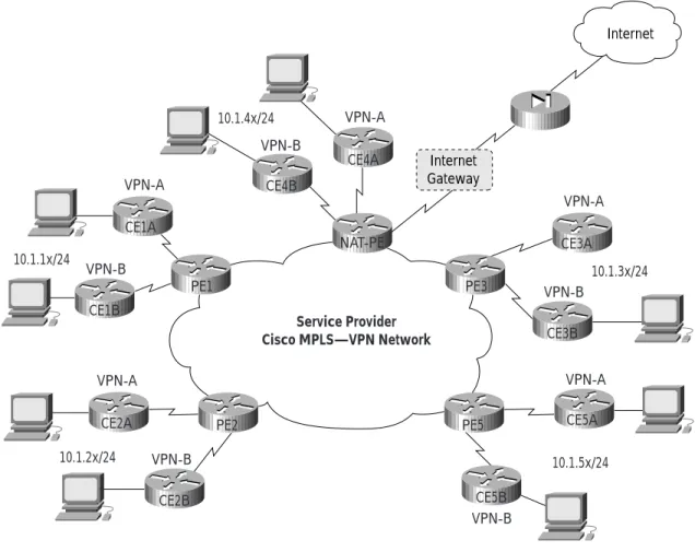 Figure 8 shows part of a typical Service Provider network. Several geographically dispersed customer sites are part of VPN-A and VPN-B