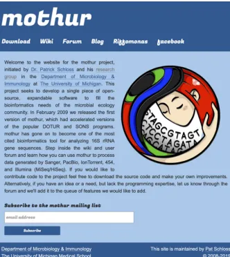 FIG 2 mothur homepage. From the mothur home page at www.mothur.org, users can download mothur,access a user forum, navigate a wiki with extensive documentation, ﬁnd blog posts that provide additionalexamples of how to use mothur, join the mothur Facebook group, and subscribe to the mothur mailing list.