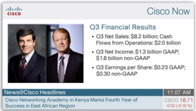 Figure 1.  Cisco Now Content Appears on Digital Signs in Employee Areas and in Some Building Lobbies 
