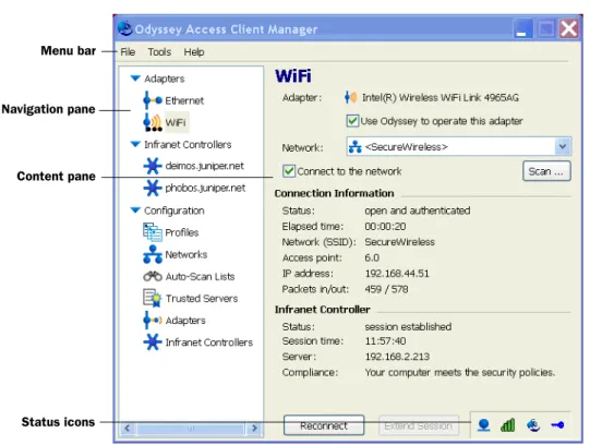 Figure 4 on page 14 identifies the components of a standard window in the  Odyssey Access Client user interface.