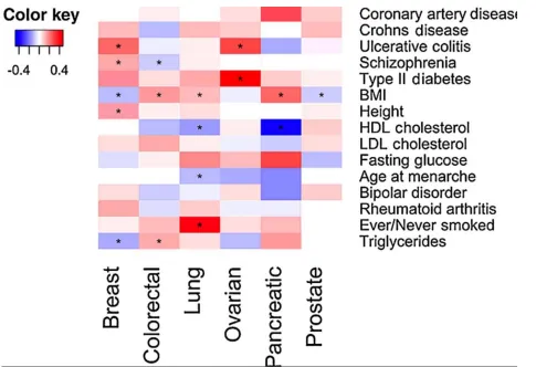 Figure 1: “Genetic correlations between cancers and non-cancer traits. Nominally significant genetic correlations (p<0.05) are highlighted with *.” 
