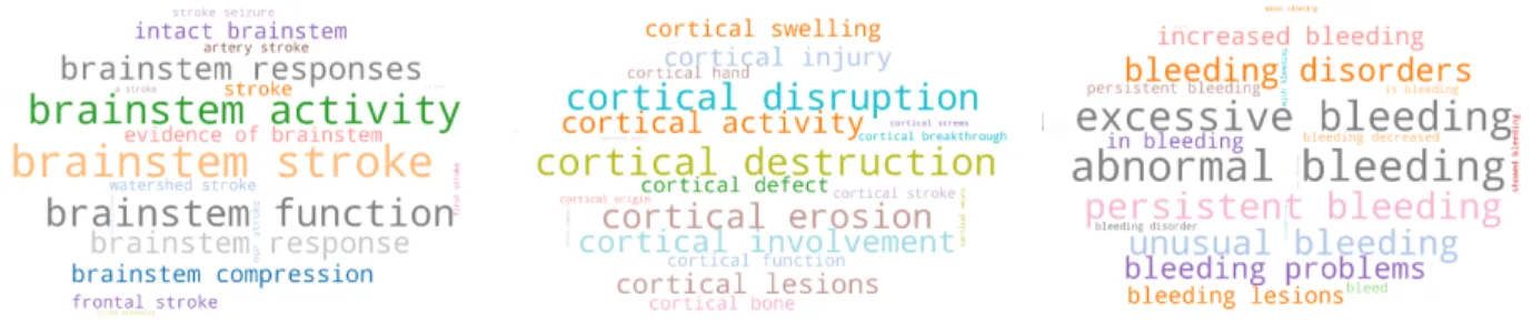 Fig. 5: Phrase clouds: top similar phrases given the query phrase “brainstem stroke”, “cortical destruction” and “abnormal bleeding”