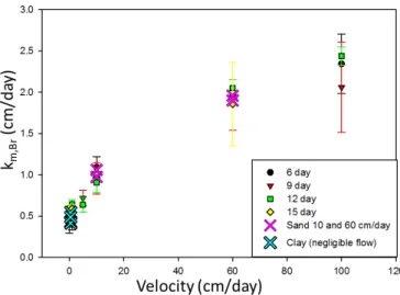 Figure 1.3.  Relationship Between Pore Velocity and Measured HRPP Br -  k m  Value  Based on Lab Scale Flow Boxes Studies 
