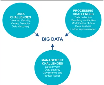 Fig. 2 Big Data challenges.The picture illustrates three main categories of Big Data challenges that are asso-ciated with data, its management and processing issues