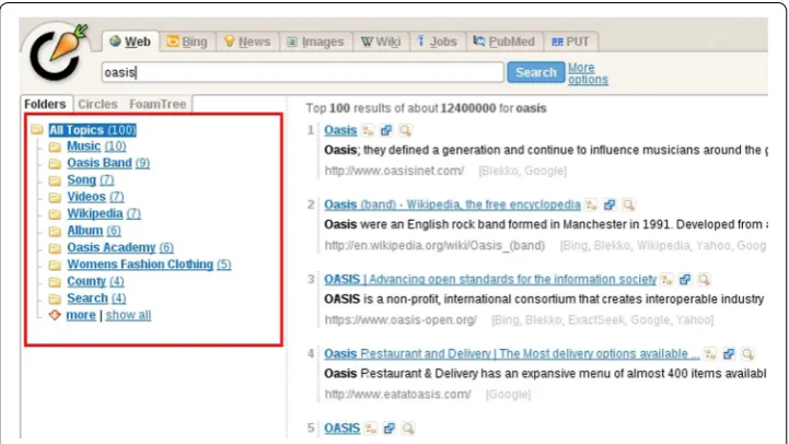 Fig. 5 Screenshot of the results of clustering search engine