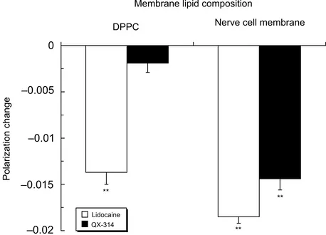 Figure 2 Interactions of lidocaine (3.0 Notes:μmol/mL) and QX-314 (3.0 μmol/mL) with 100 mol% DPPC liposomal membranes and nerve cell model membranes