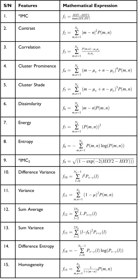 Table 1 Textural features extracted from the dataset