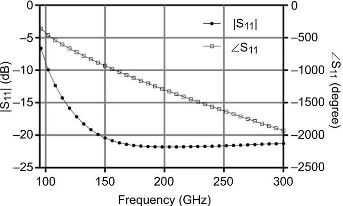 Figure 4 HFSS simulation results: magnitude |S11| (dB) and phase ∠S11 (degree) of the reflection coefficient for probe loaded with the normal skin.