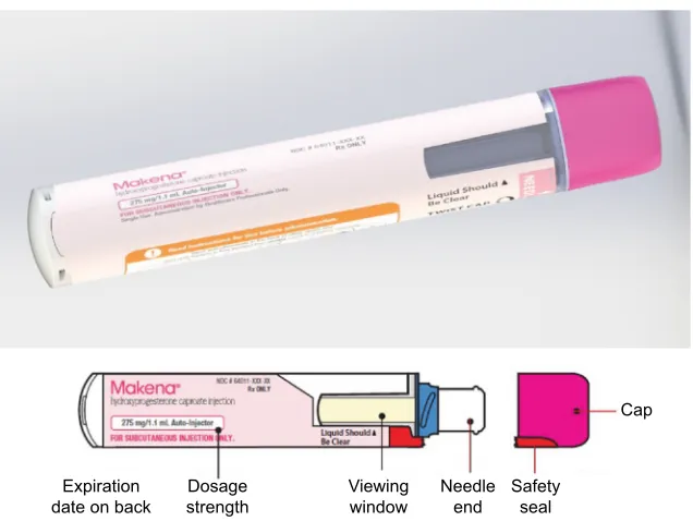 Figure 1 auto-injector for subcutaneous injection of hydroxyprogesterone caproate.Note: Images shown are for illustrative purposes only and are not representative of the final drug-device combination product.