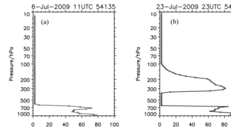 Figure 1. Two examples of abnormally dry profiles of relative humidity from the Chinese L-band radiosonde system