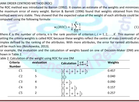 Table 2: Calculation of the weight using ROC for one DM 