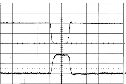 Fig. 9. Voltage and current waveforms of series-connected switches. Top:voltage (10 kV/div); bottom: current (200 A/div)