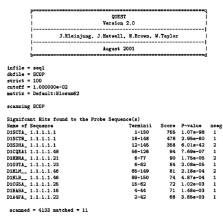 Figure 2.5: An example of a Quest output. on the database sequence; score of the sequence hit; P-Value of the sequence hit; number of information, followed by the parameter settings and results for this run.The five result columns respectively are: The name of the database sequence found; the termini of the sequence hit The top of the output is the Quest program segments combined to produce the sequence hit.