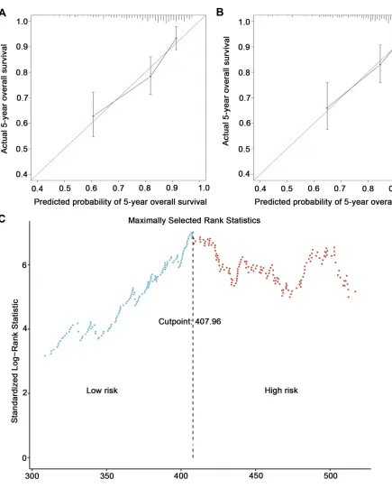 Figure 2 Calibration and discrimination of the prognostic model. Calibration plots of survival probabilities at 5 years for patients with nasopharyngeal carcinoma in thetraining set (A) and the validation set (B); a cut-off of 407.96 for dividing patients into high-risk and low-risk groups in the training set by using maximally selected rankstatistics (C).