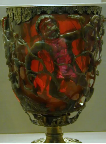 Figure 1.5. The Lycurgus Cup (4th Century B.C) is ruby red in transmitted light and green in 