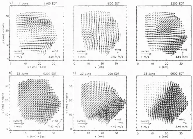 Figure 1.5: Examples of surface current vectors measured with HP radar: a) tidal flow, b) wind induced flow, and c) Gulf Stream boundary (taken from Shen et al
