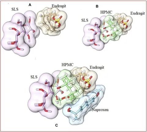 Figure 7 3D surface and structure representation of SLS and Eudragit complex (A). 3D surface and structure representation of SLS-Eudragit (host) and HPMC (guest)complex structure (B)