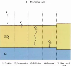 Figure 1.1: Four potentially rate-limiting processes of silicon oxidation on the ex­ample of oxygen molecule being the oxidising species: (1) sticking of the molecule to the surface, (2) incorporation, (3) diffusion through the silica film, (4) reaction wi