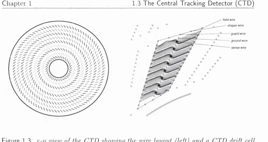 Figure 1.3; x-y view of the CTD showing the wire layout (left) and a CTD drift cell 