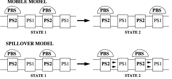 Figure 1.5: Models for the state transition in cyanobacteria. In the mobile model, the transition from state 1 to state 2 entails the detachment of a proportion of phycobilisomes from PS2 and their reassociation with PSl