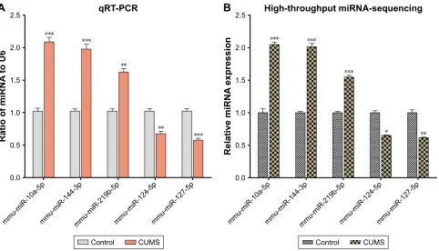 Figure 2 The validation of differentially expressed miRNAs in the NAc from mice with CUMS-induced depression-like behaviors and controls