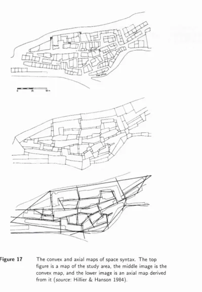figure is a map of the study area, the middle image is the The convex and axial maps of space syntax