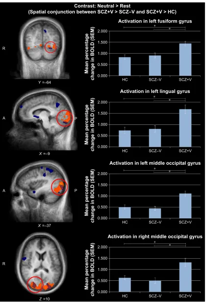 Figure 2 spatial conjunction analyses for the Neutral minus rest contrast.significantly differ between groups; in orange