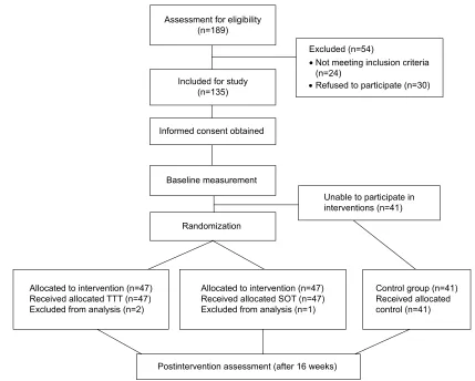 Figure 1 Participant flowchart.Abbreviations: TTT, table tennis training; sOT, standard occupational therapy.