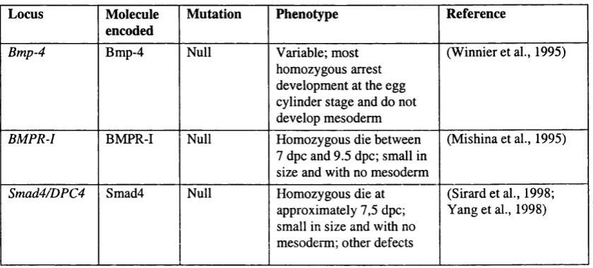 Table 1.4 Mouse targeted mutations in some locus coding for Bmp signalling pathway 