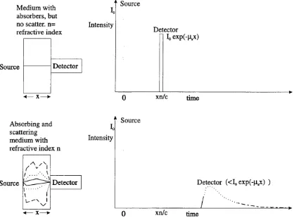 Figure 1.3 Diagram showing the impulse response of a pure absorber (top) and a medium with both absorption and scattering (bottom)