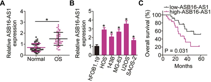 Figure 1 High expression of ASB16-AS1 in OS predicts poor prognosis. (SAOS-2) and a normal human osteoblast hFOB1.19 was analyzed with RT-qPCR
