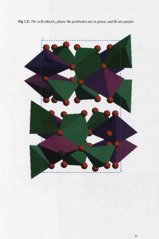 Fig 1.2: The a Bi2MosO]2 phase Mo polyhedra are in green, and Bi are purple.
