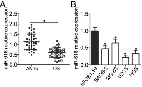 Figure 1 MiR-618 is underexpressed in OS tissues and cell lines. (miR-618 expression in the human hFOB1.19 normal osteoblast cell line and four OSsion level of miR-618 was assessed in 41 pairs of OS tissue samples and ANTs byRT-qPCR