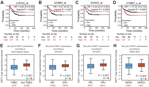 Figure 2 Prognostic study for RFS in TNBC patients and SIDT1 expression levels in breast cancer patients using the bc-44GenExMiner v4.0 dataset