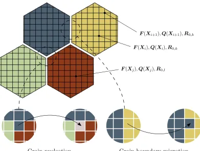 Figure 1.5: Illustration of the implementation of a Monte-Carlo Potts model in aﬁnite deformations framework, including the interpretation of both grain boundarymigration and nucleation through state-switches.