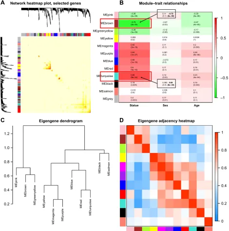 Figure 3 (A) interaction relationship analysis of co-expression genes. Different colors of horizontal axis and vertical axis represent different modules