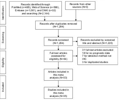 Figure 1 Flowchart of the steps of literature retrieval and selection.Abbreviations: CNKI, China National Knowledge Infrastructure; IHC, immunohistochemical.