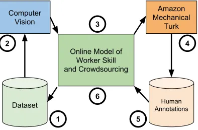 Figure 3.1: A schematic of our proposed method. (1)a dataset of images. Each global step of the method will add annotations to thisdataset.labels.Workers on AMT annotate the images.update its predictions of worker skills and image labels, and the cycle is 