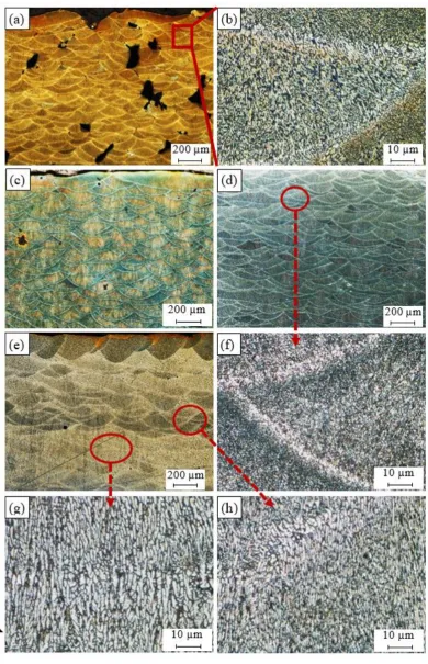 Figure 1. Microstructure of the as-built AlSi10Mg_200C samples processed under different SLM process parameters; a, c) AS8, b) AS7, d, f) AS3, and e, g, h) AS1