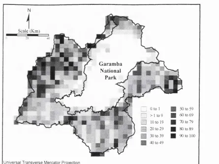 Figure 2.3. Percentage tree cover estimates for the G aram ba ecosystem derived from standard reconnaissance flight data, based on 5 by 5 kilometre sub-units (compiled using GNPP aerial count data, M ay 1995).