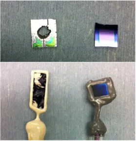 Figure 1.4: Corrosion of GaAs in 1.0 M KOH(aq) using a compression cell (top)and epoxied electrode (bottom) with and without an ALD-TiO2 protection layer.